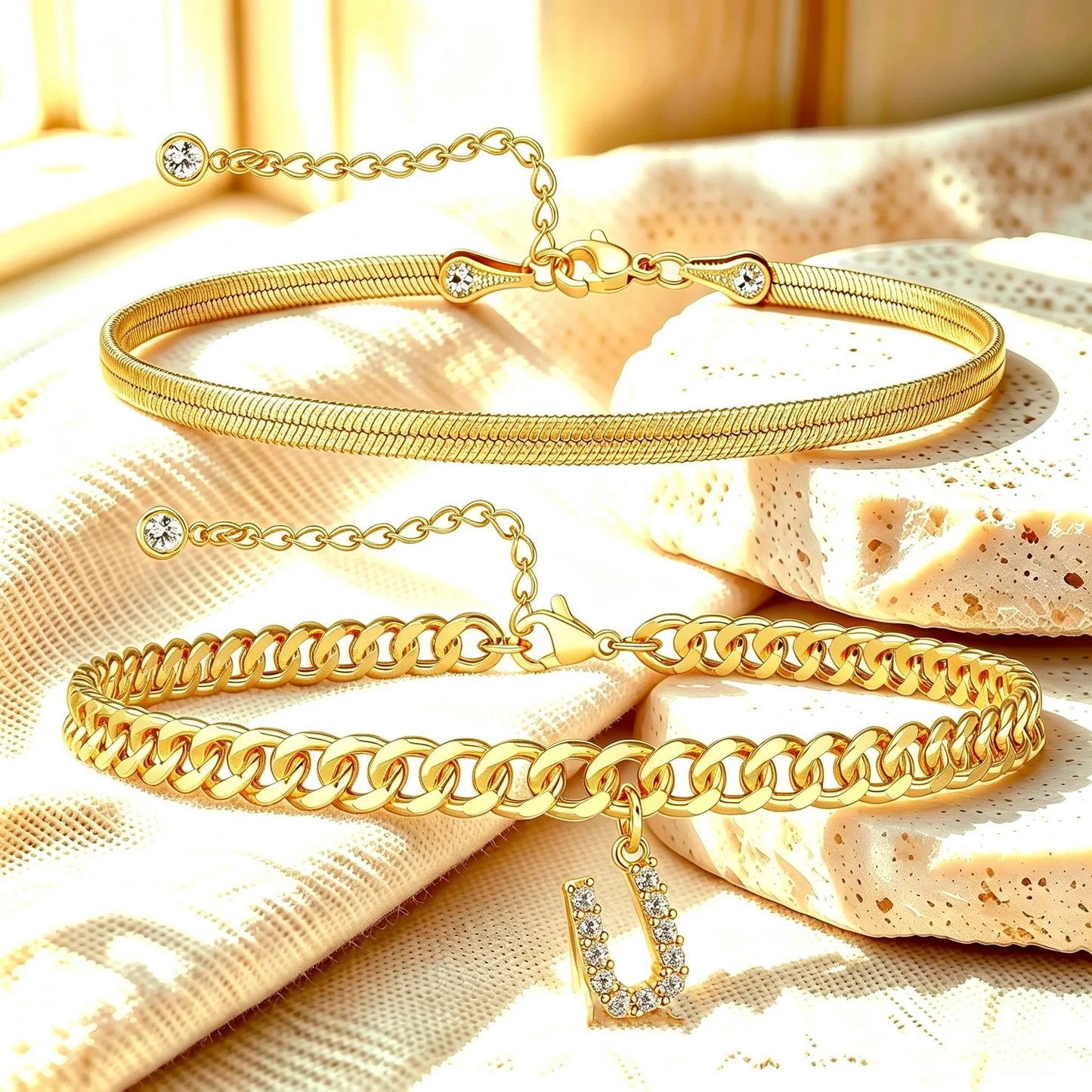 Gouden enkelbandjes met initiaal set van 2