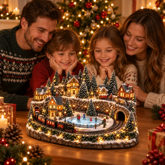 Kerstdecoratie met bewegende trein en ijsbaan