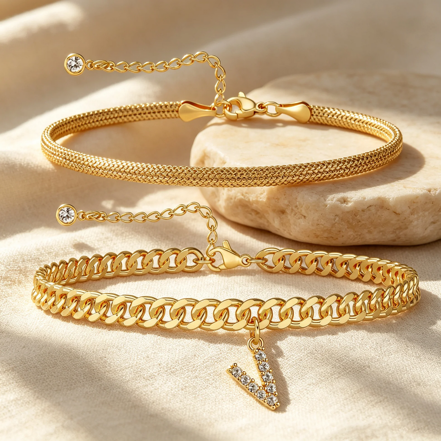 Gouden enkelbandjes met initiaal set van 2