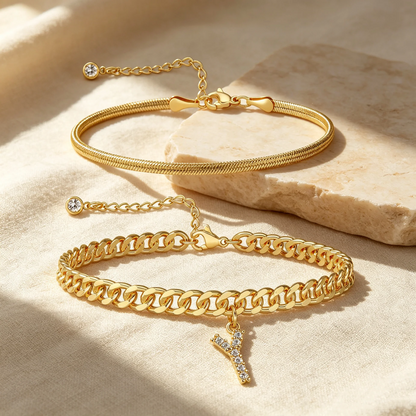 Gouden enkelbandjes met initiaal set van 2
