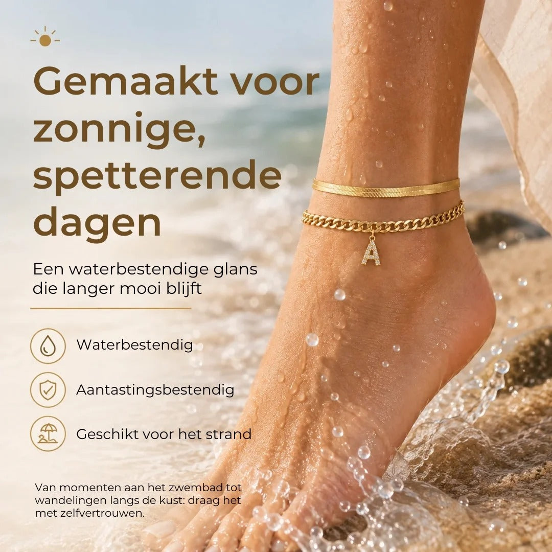 Gouden enkelbandjes met initiaal set van 2