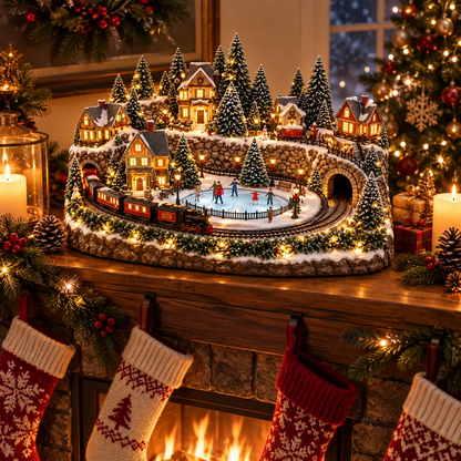 Kerstdecoratie met bewegende trein en ijsbaan