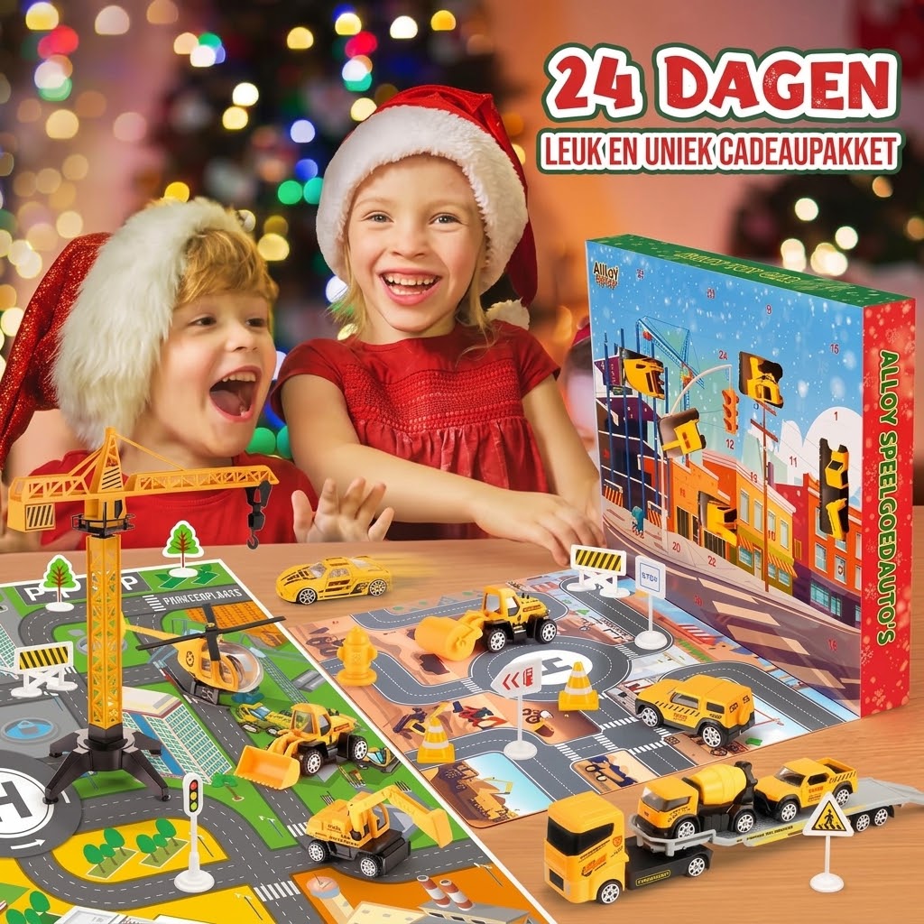 Bouwplaats adventskalender met 24 metalen mini bouwvoertuigen