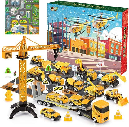 Bouwplaats adventskalender met 24 metalen mini bouwvoertuigen