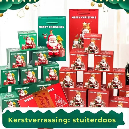 Pop up kerstcadeaudoos met explosie effect en 25 springdoosjes