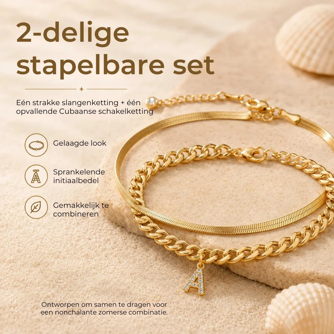 Gouden enkelbandjes met initiaal set van 2
