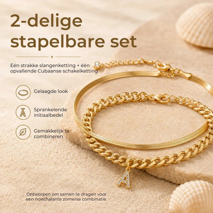 Gouden enkelbandjes met initiaal set van 2
