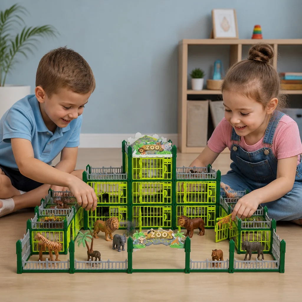 Modulaire dierentuin bouwset met dierenfiguren en interactieve kooien