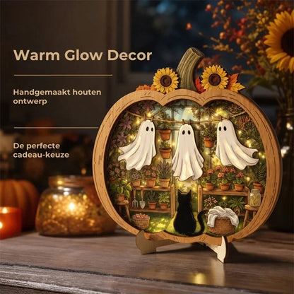 Houten Halloween pompoendecoratie met LED