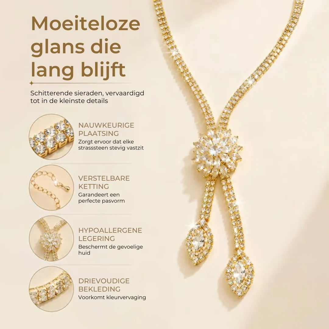 2 delige bloemvormige zirkonia sieradenset met ketting en oorbellen
