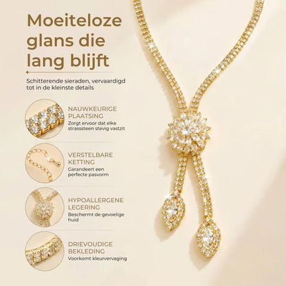 2 delige bloemvormige zirkonia sieradenset met ketting en oorbellen