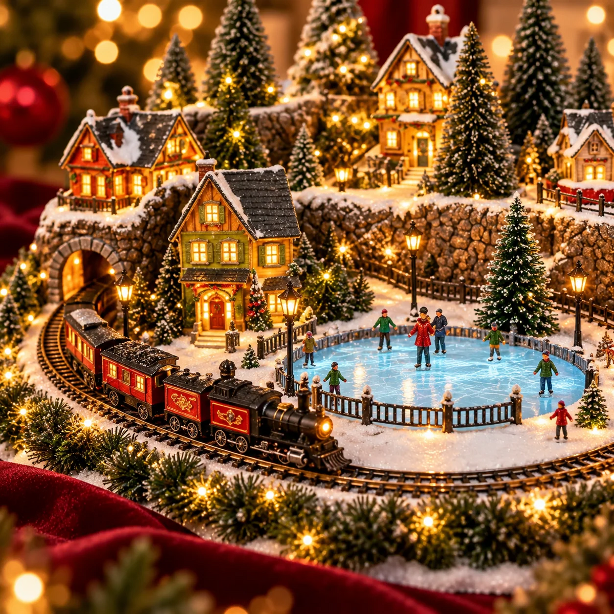 Kerstdecoratie met bewegende trein en ijsbaan
