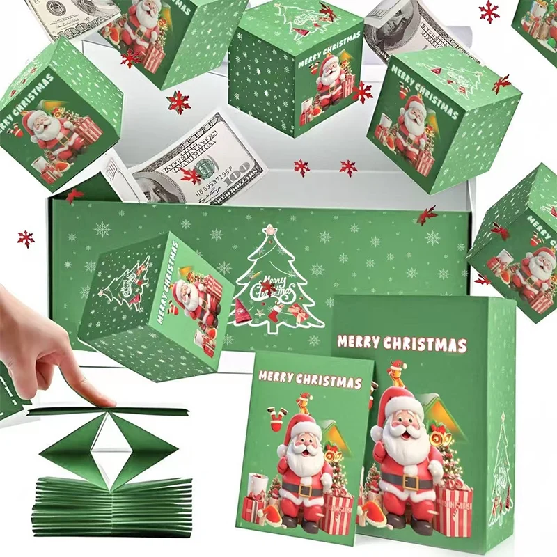Pop up kerstcadeaudoos met explosie effect en 25 springdoosjes