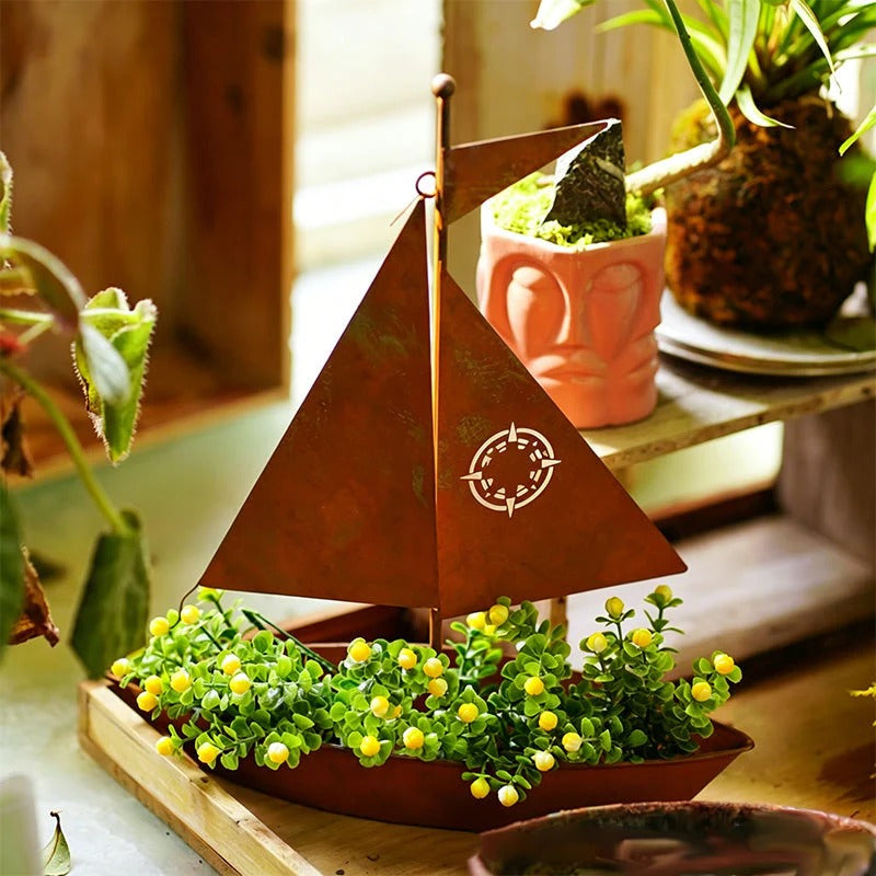 Rustic Sailboat Metal Planter