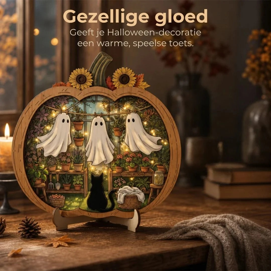 Houten Halloween pompoendecoratie met LED
