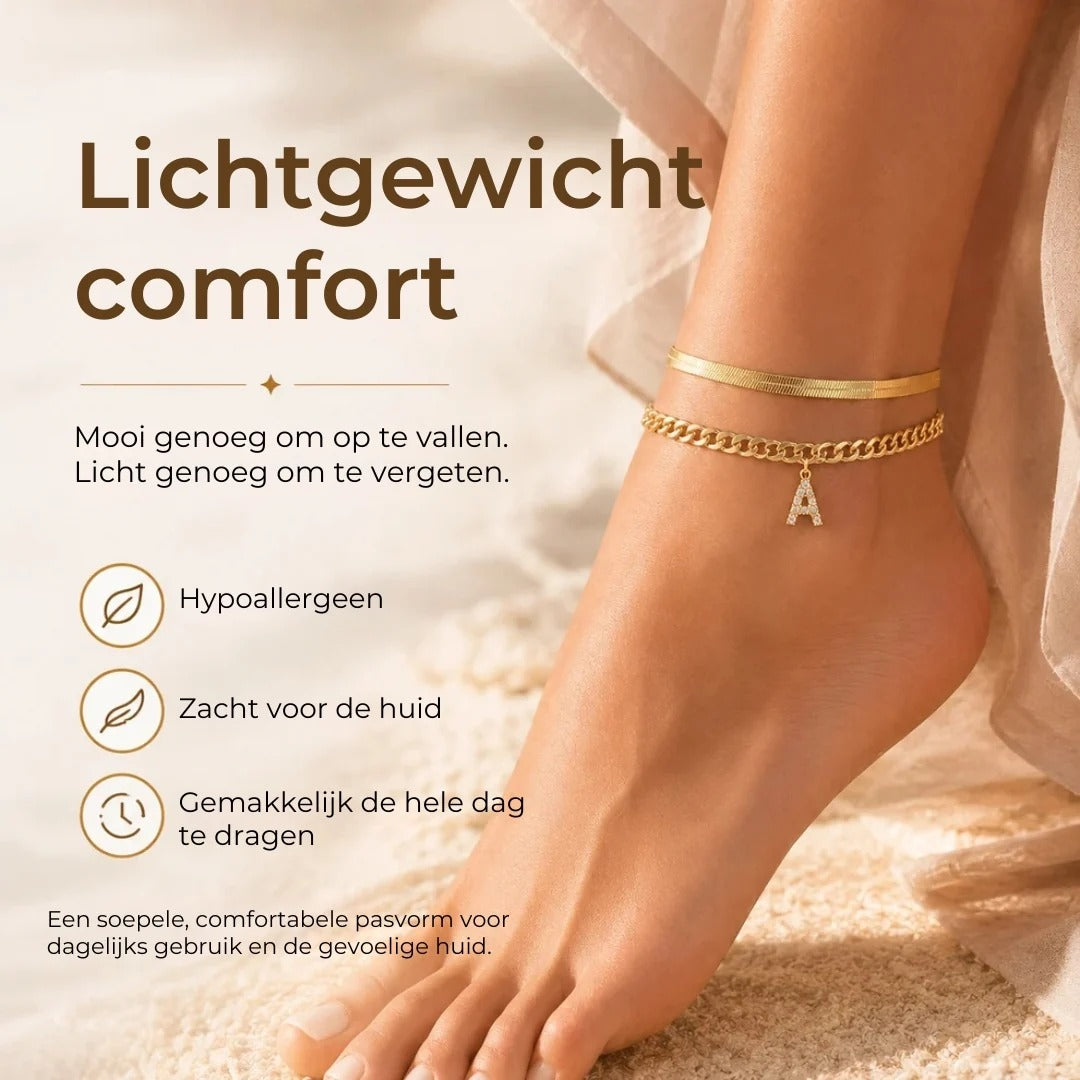 Gouden enkelbandjes met initiaal set van 2