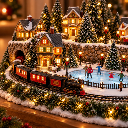 Kerstdecoratie met bewegende trein en ijsbaan