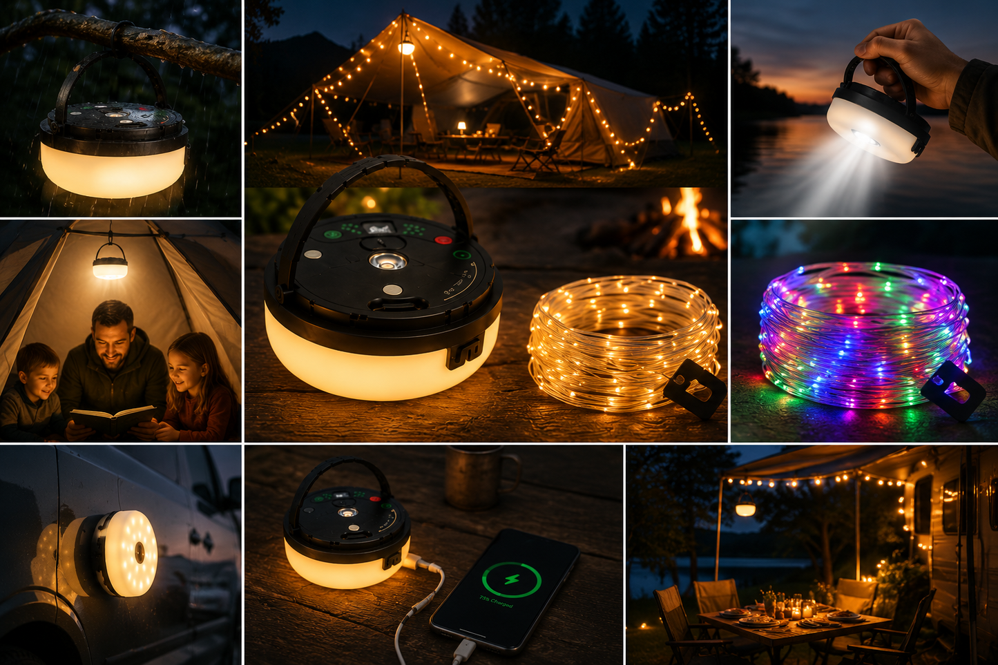 CampGlow 4 in 1 oplaadbare campinglamp met lichtslinger en powerbank