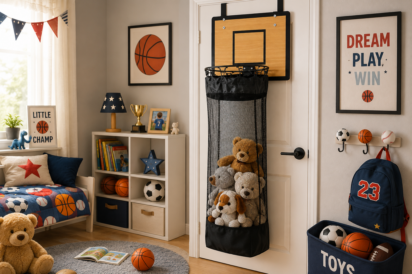 Wasmand met basketbalring voor aan de deur