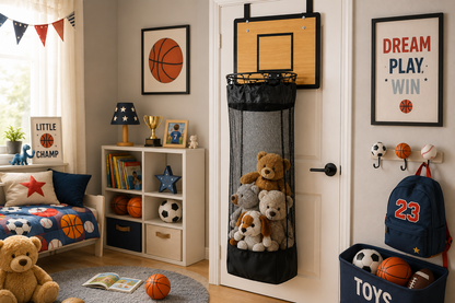 Wasmand met basketbalring voor aan de deur