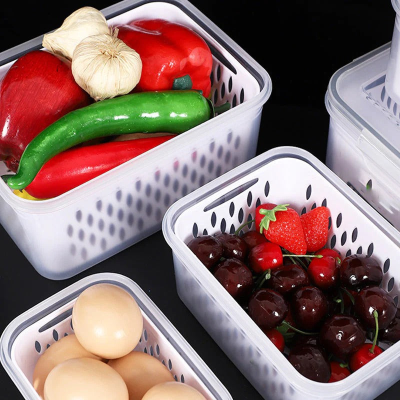 Fruitbewaarbak met afneembaar vergiet spoelt groenten en fruit en voorkomt doorweken
