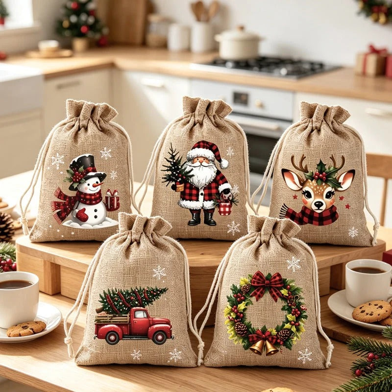 Kerstcadeauzakjes met trekkoord set van 5