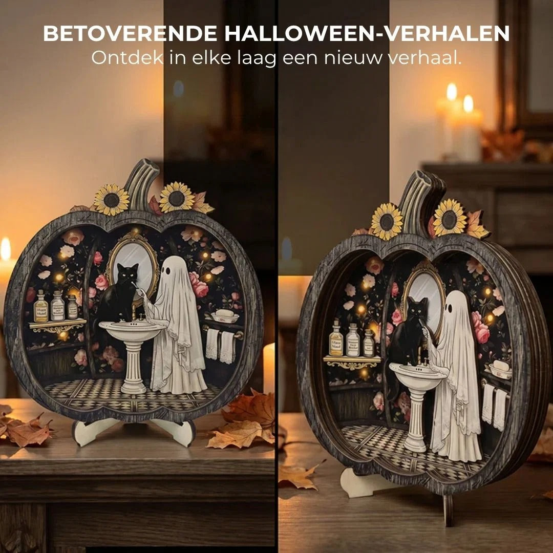 Houten Halloween pompoendecoratie met LED