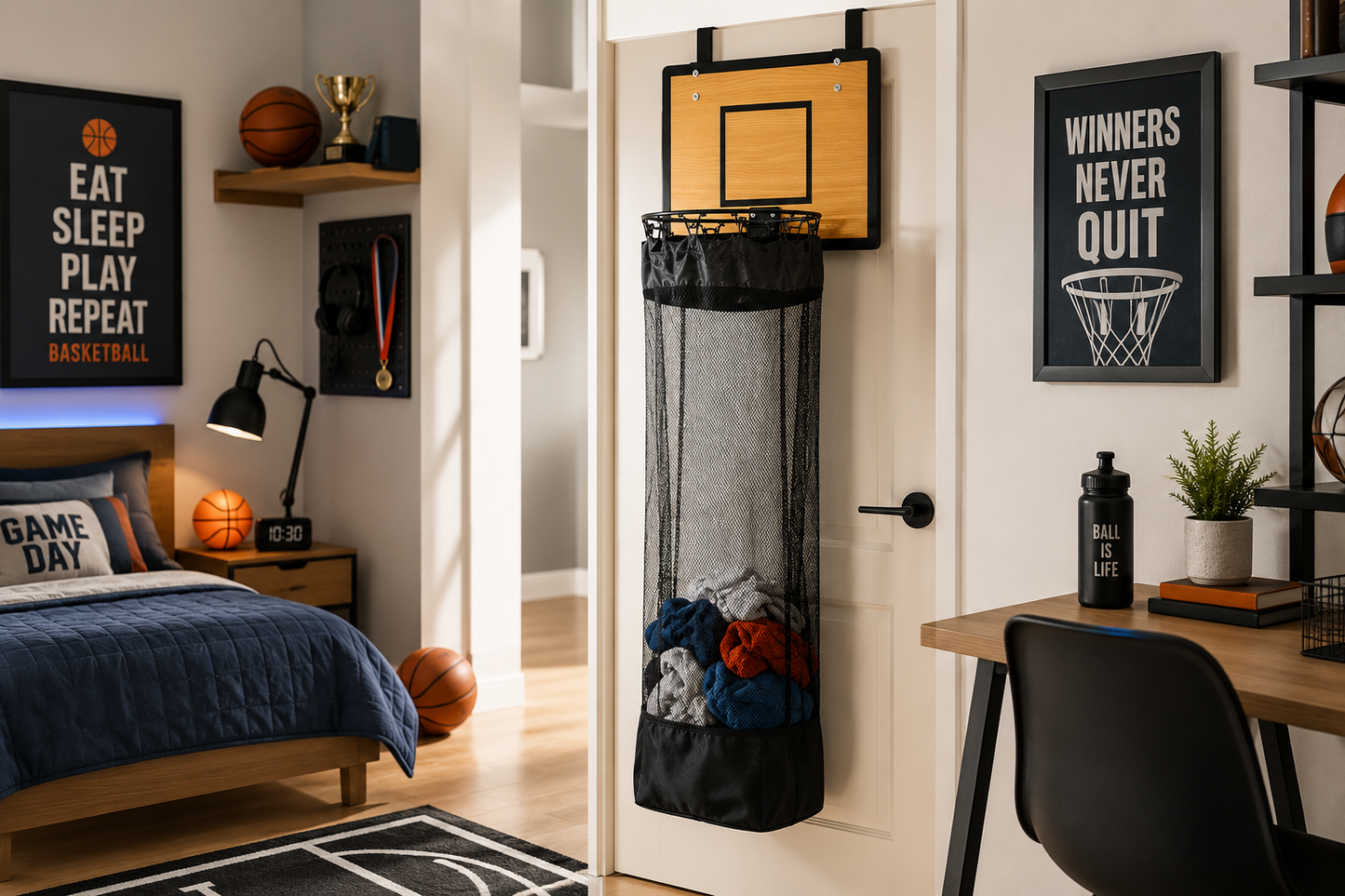 Wasmand met basketbalring voor aan de deur