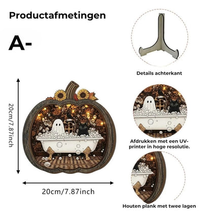 Houten Halloween pompoendecoratie met LED