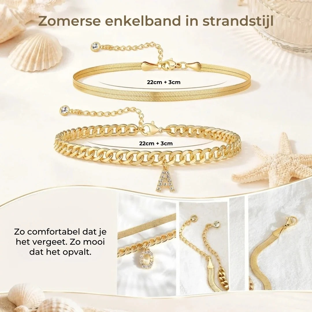 Gouden enkelbandjes met initiaal set van 2