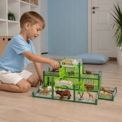 Modulaire dierentuin bouwset met dierenfiguren en interactieve kooien