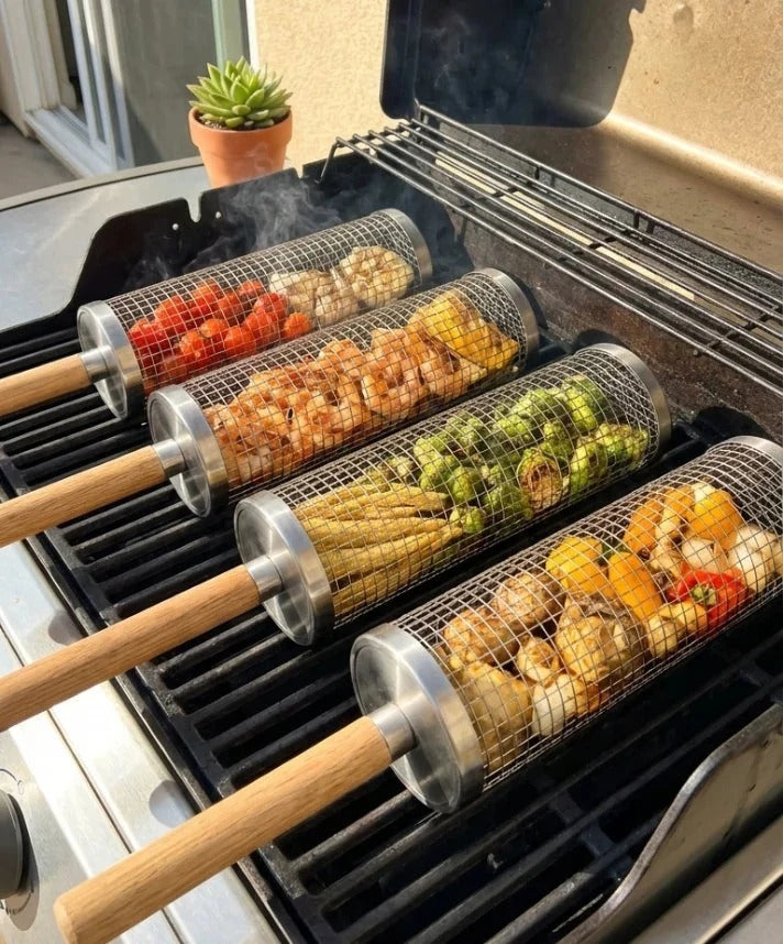 RVS rolgrillmand voor barbecue